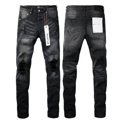 Men Streetwear Skinny Jeans Black Wash with Knee Ripped Details 9029