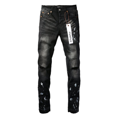 Men Streetwear Skinny Jeans Black Fade Wash with White Paint Splatter and Distressed Rips 9002