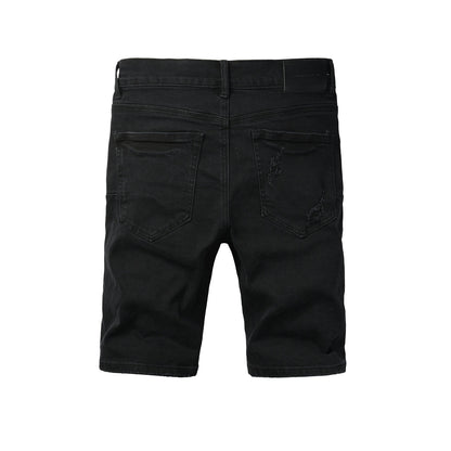 Men Streetwear Black Denim Shorts with Distressed Ripped Details and Raw Hem 5108