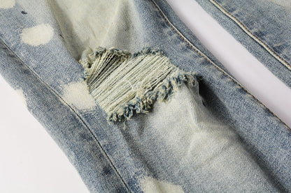 Men Streetwear Jeans Distressed Light Blue Paint Dot Ripped skinny 9092