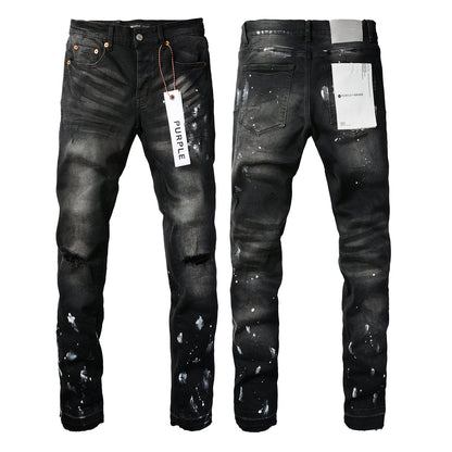 Men Streetwear Skinny Jeans Black Fade Wash with White Paint Splatter and Distressed Rips 9002