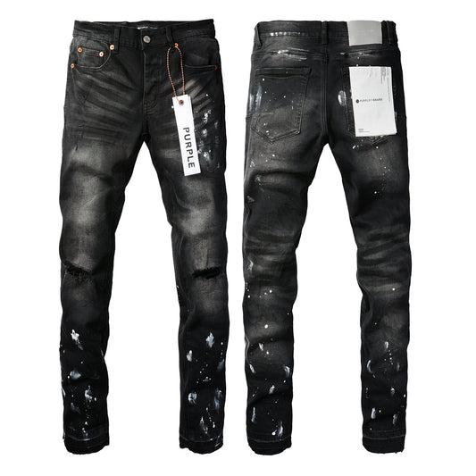 Men Streetwear Skinny Jeans Black Fade Wash with White Paint Splatter and Distressed Rips 9002