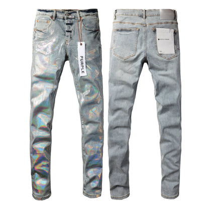 Men Streetwear Skinny Jeans Light Blue Wash with Holographic Iridescent Finish 9005