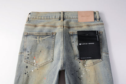 Men Streetwear Skinny Jeans Light Gray Wash with Multi-Color Paint Splatter and Distressed Patches 9071