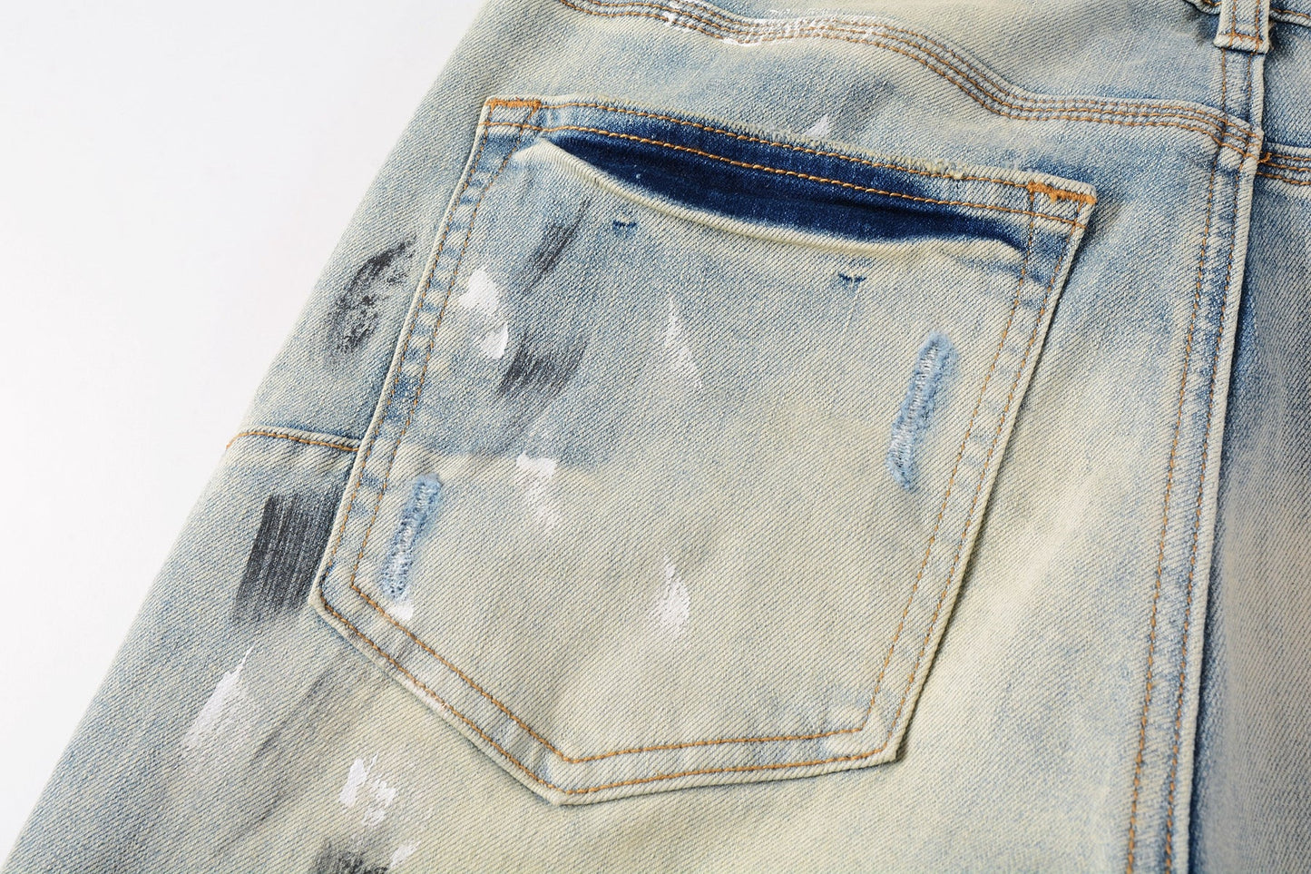 Men Streetwear Skinny Jeans Light Blue Wash with White Paint Splatter and Distressed Rips 9007