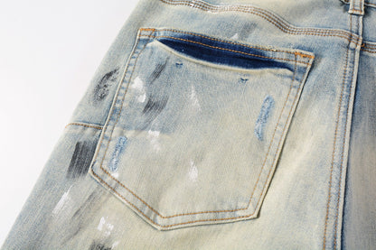 Men Streetwear Skinny Jeans Light Blue Wash with White Paint Splatter and Distressed Rips 9007