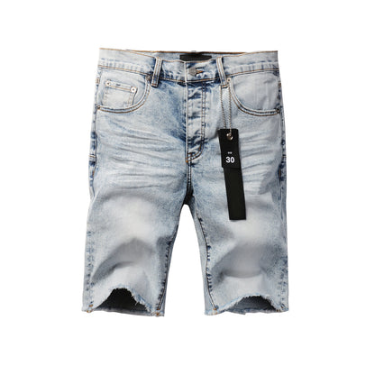 Men Streetwear Denim Shorts Light Blue Wash with Vintage Distressed Raw Hem 5053