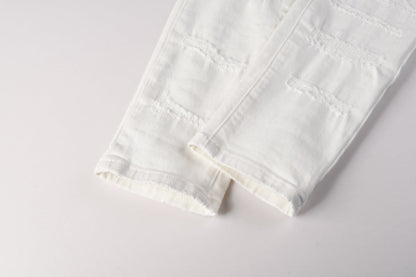 Men Classic Streetwear Skinny Jeans Solid White with Subtle Distressed Details PU9118
