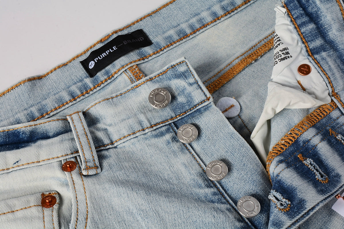 Men Streetwear Skinny Jeans Light Blue Wash with White Paint Splatter and Subtle Distress 9006