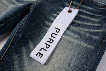 Men Streetwear Skinny Jeans Light Blue Wash with Vintage Faded Wash and Subtle Distress 9055