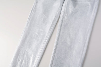 Men Streetwear Jeans Metallic Silver Coated Finish with Futuristic Shine Skinny Fit Statement 9110