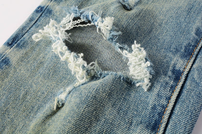 Men Streetwear Skinny Jeans Light Blue Wash with Distressed Ripped Knee Details 9076