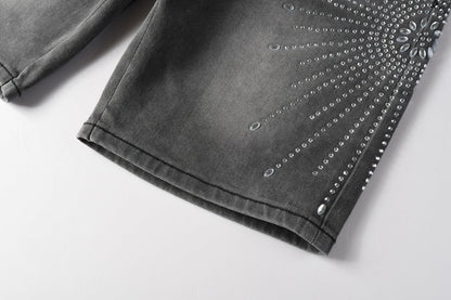 Men Streetwear Grey Denim Shorts with Radial Rhinestone Burst Patterns 5094