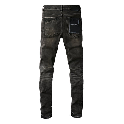 Men Streetwear Skinny Jeans Dark Gray Wash with Multi - Color Patched Distressed Details 9080