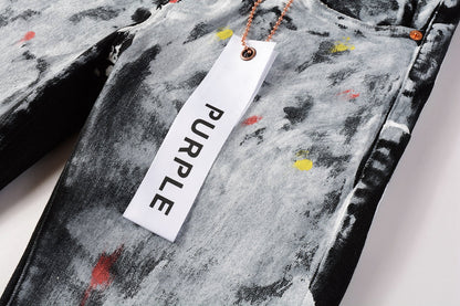 Men Streetwear Skinny Jeans Black and White Graffiti Wash with Multi - Color Paint Accents 9020