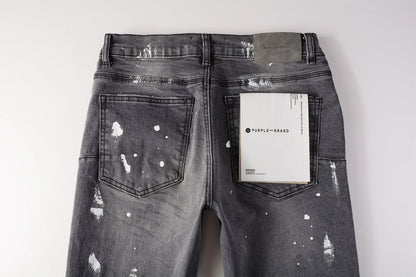 Men Streetwear Skinny Jeans Dark Gray Wash with Knee Rips and White Paint Splatter 9039