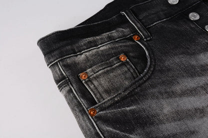Men Streetwear Skinny Jeans Dark Gray Wash with White Paint Splatter and Distressed Rips 9032