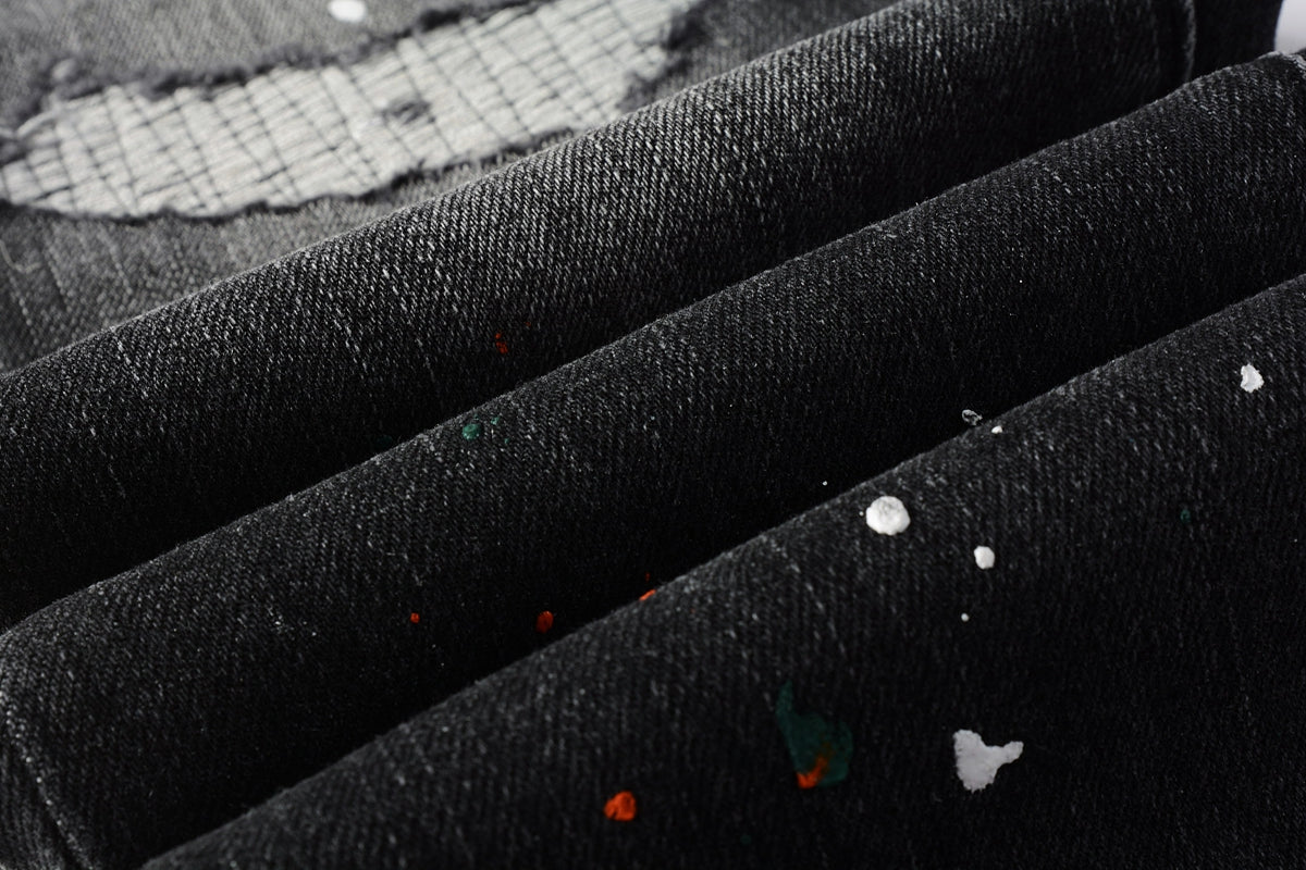 Men Streetwear Skinny Jeans Dark Gray Wash with Distressed Rips and Multi-Color Paint Splatter 9018