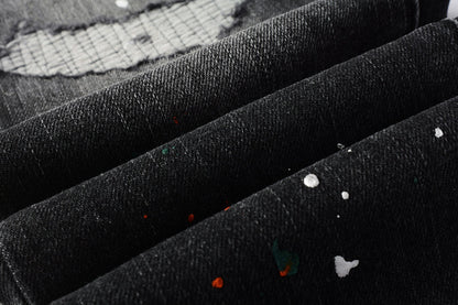 Men Streetwear Skinny Jeans Dark Gray Wash with Distressed Rips and Multi-Color Paint Splatter 9018