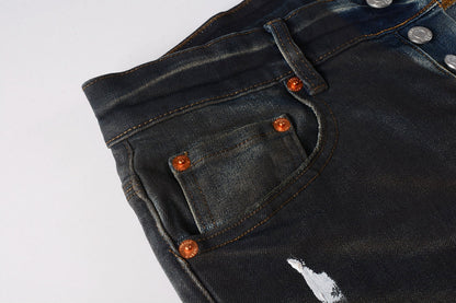 Men Streetwear Skinny Jeans Dark Gray Wash with White Paint Splatter and Brush Strokes 9036