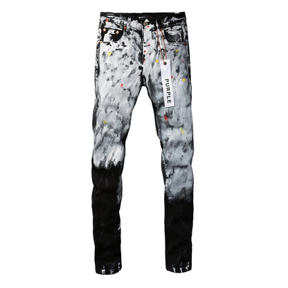 Men Streetwear Skinny Jeans Black and White Graffiti Wash with Multi - Color Paint Accents 9020