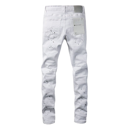 Men Streetwear Skinny Jeans White Wash with Black Paint Splatter and Distressed Rip 9021