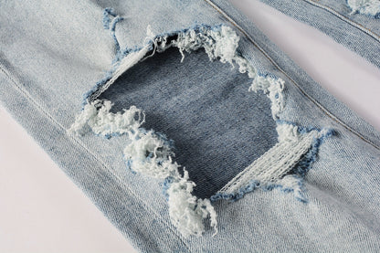 Men Streetwear Skinny Jeans Light Blue Wash with Knee Ripped Details and Black Lining 9010