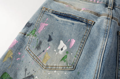 Men Streetwear Denim Shorts Light Blue Wash with Colorful Paint Splashes and Distressed Raw Hem 5066