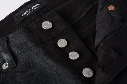 Men Streetwear Skinny Jeans Black Wash with Subtle Sheen and Tag Accent 9082