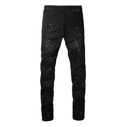 Men Streetwear Skinny Jeans Black Wash with Distressed Details and Multi - Color Paint Splash 9121