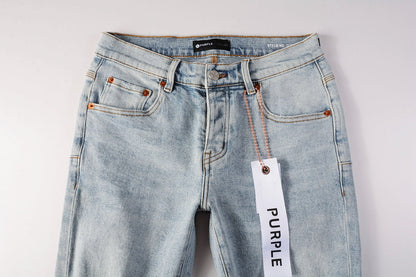 Men Streetwear Skinny Jeans Light Blue Wash with Knee Ripped Details and Black Lining 9010