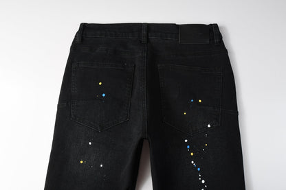 Men Streetwear Skinny Jeans Black Wash with Distressed Details and Multi - Color Paint Splash 9121