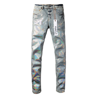 Men Streetwear Skinny Jeans Light Blue Wash with Holographic Iridescent Finish 9005