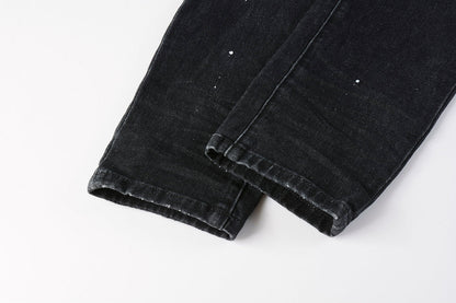 Men Streetwear Skinny Jeans Black - Gray Fade Wash with White Paint Specks 9027