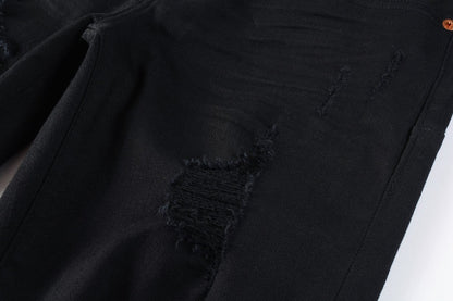 Men Streetwear Skinny Jeans Black Wash with Distressed Rip Details 9022