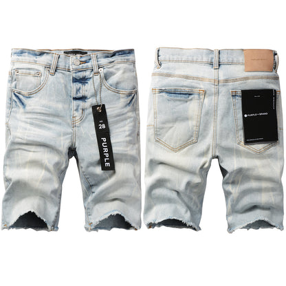 Men Streetwear Denim Shorts Light Blue Wash with Washed Distressed Raw Hem 5017