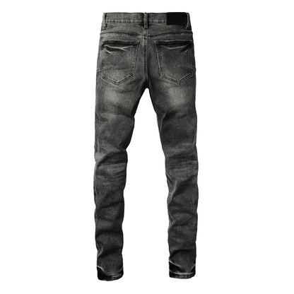 Men Classic Streetwear Jeans Distressed Grey Ripped skinny Fit 9103