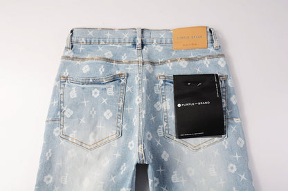 Men Streetwear Skinny Jeans Light Blue Wash with All - Over Pattern Print 9089