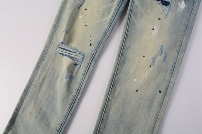Men Streetwear Skinny Jeans Light Blue Wash with White Paint Splatter and Distressed Rips 9007