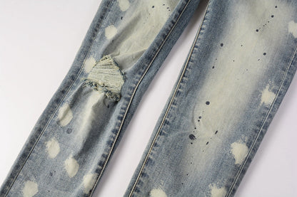 Men Streetwear Jeans Distressed Light Blue Paint Dot Ripped skinny 9092