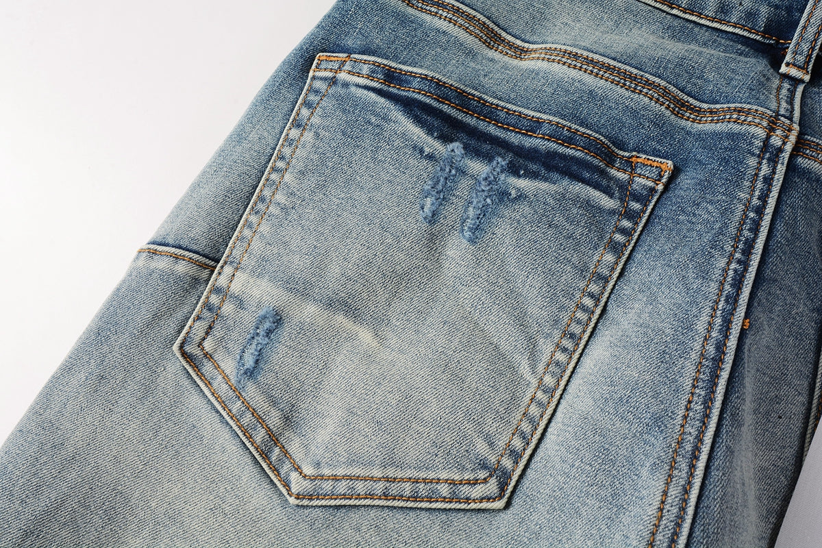 Men Streetwear Skinny Jeans Light Blue Wash with Subtle White Pattern Wash 9013