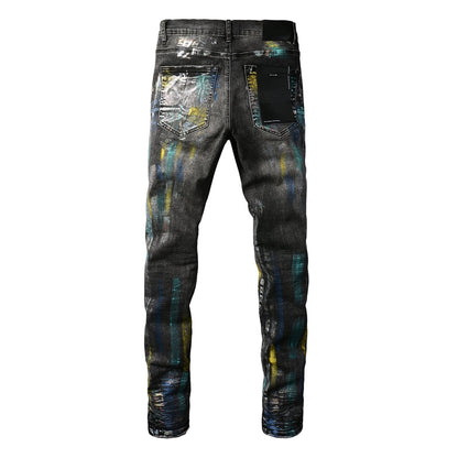 Men Streetwear Skinny Jeans Black Wash with Colorful Graffiti Paint Splash 9078