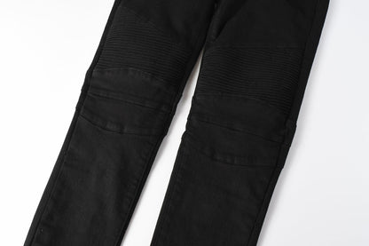 Men Streetwear Biker Skinny Jeans Black with Knee Pleats and Zipper Pockets 0964