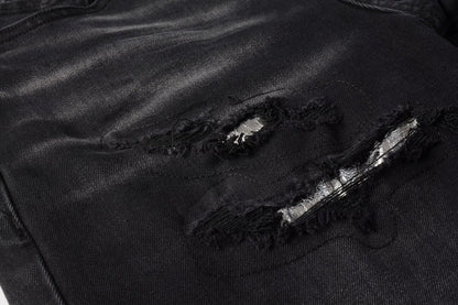 Men Streetwear Denim Shorts Black Wash with Distressed Rips and Plaid Patches 5001