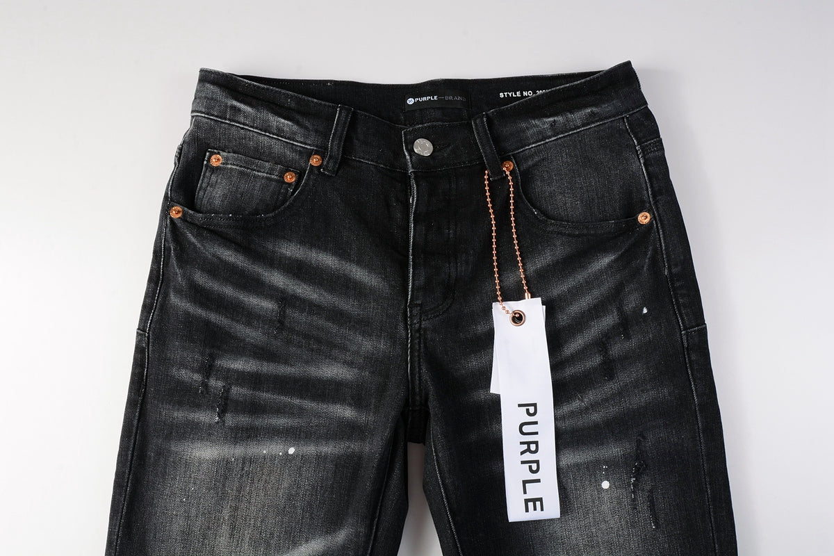 Men Streetwear Skinny Jeans Black - Gray Fade Wash with White Paint Specks 9027
