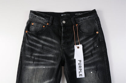 Men Streetwear Skinny Jeans Black - Gray Fade Wash with White Paint Specks 9027