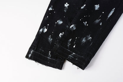 Men Streetwear Skinny Jeans Black Fade Wash with White Paint Splatter and Distressed Rips 9002