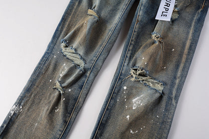Men Streetwear Skinny Jeans Light Blue Wash with Distressed Rips and White Paint Splatter 9012