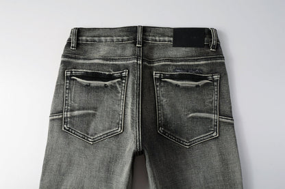 Men Classic Streetwear Jeans Distressed Black Grey Ripped skinny 9068