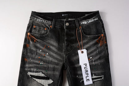 Men Streetwear Skinny Jeans Dark Gray Wash with Distressed Rips and Multi-Color Paint Splatter 9018